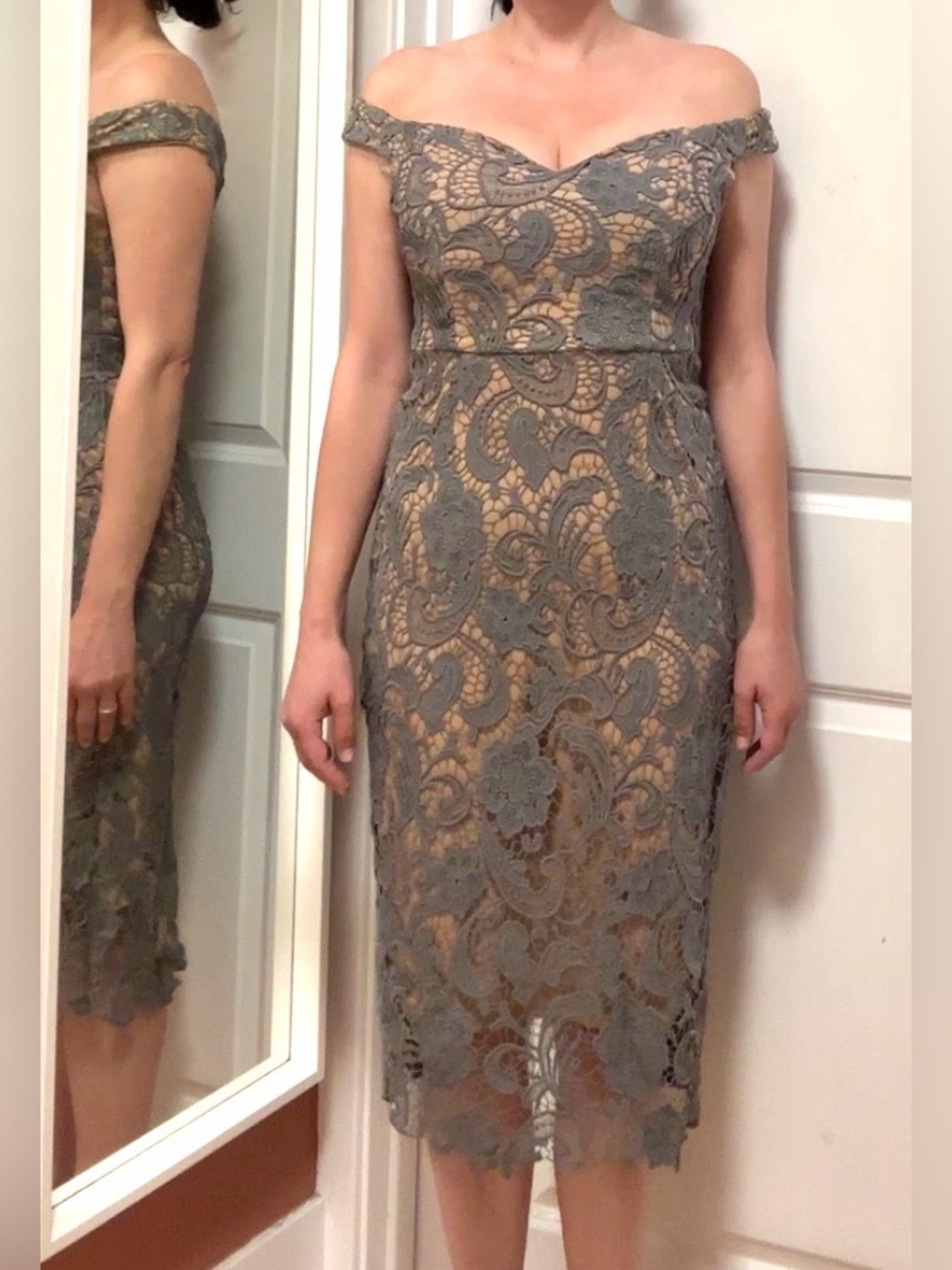 Missguided Off-Shoulder Gray Lace Midi Dress with Nude Lining Wedding / Formal